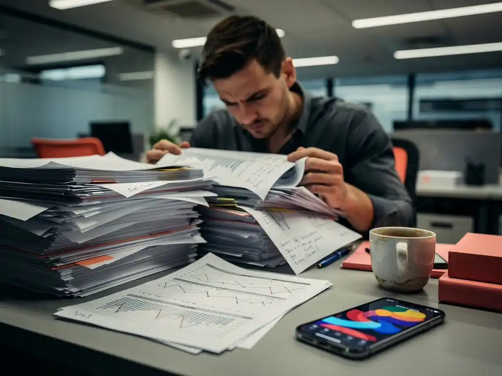 Frustrated marketer overwhelmed by stacks of printed spreadsheets and handwritten notes on a cluttered desk, smartphone analytics ignored nearby.