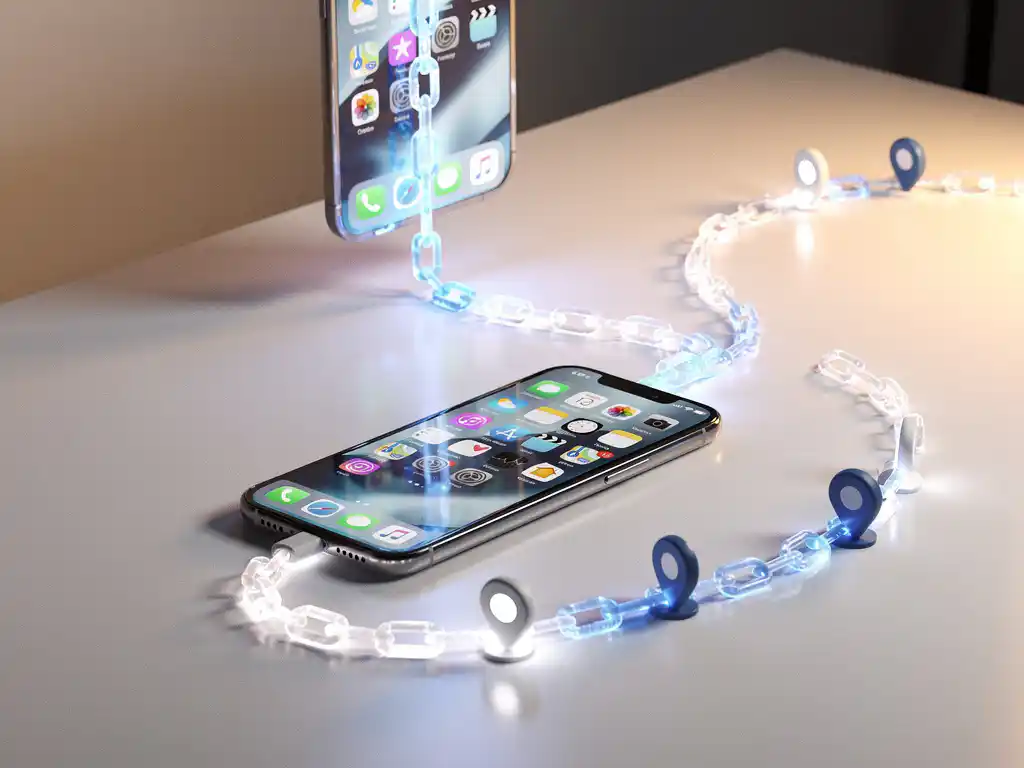iPhone on white desk with glowing blue light trail linking a mobile ad to an open app screen, navigation pins arranged along the surface.