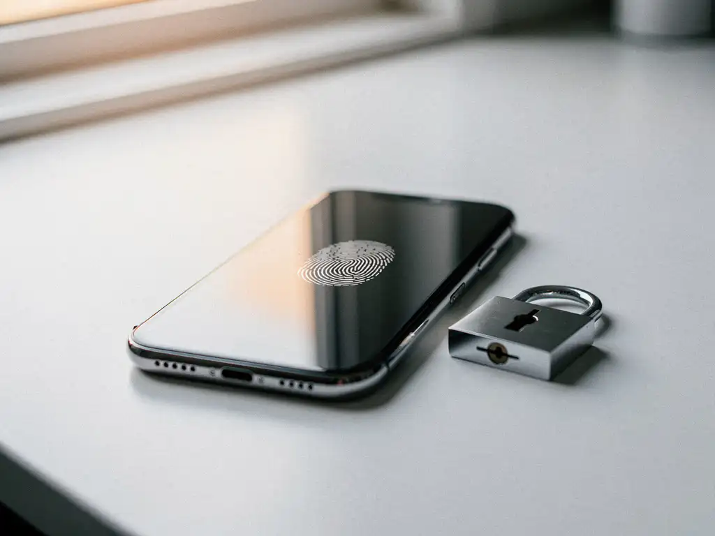 iPhone met het scherm naar boven op een wit bureau naast een klein slotje, vage vingerafdruk zichtbaar op het scherm, zacht natuurlijk zijlicht.