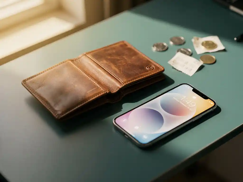 Open leather wallet on a modern desk beside a smartphone app, scattered coins and receipt in warm amber and teal tones.