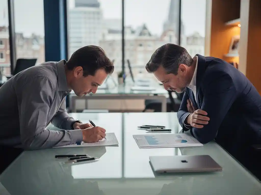 Marketing analyst and finance manager reviewing separate performance reports across a glass desk in a modern Amsterdam open-plan office.