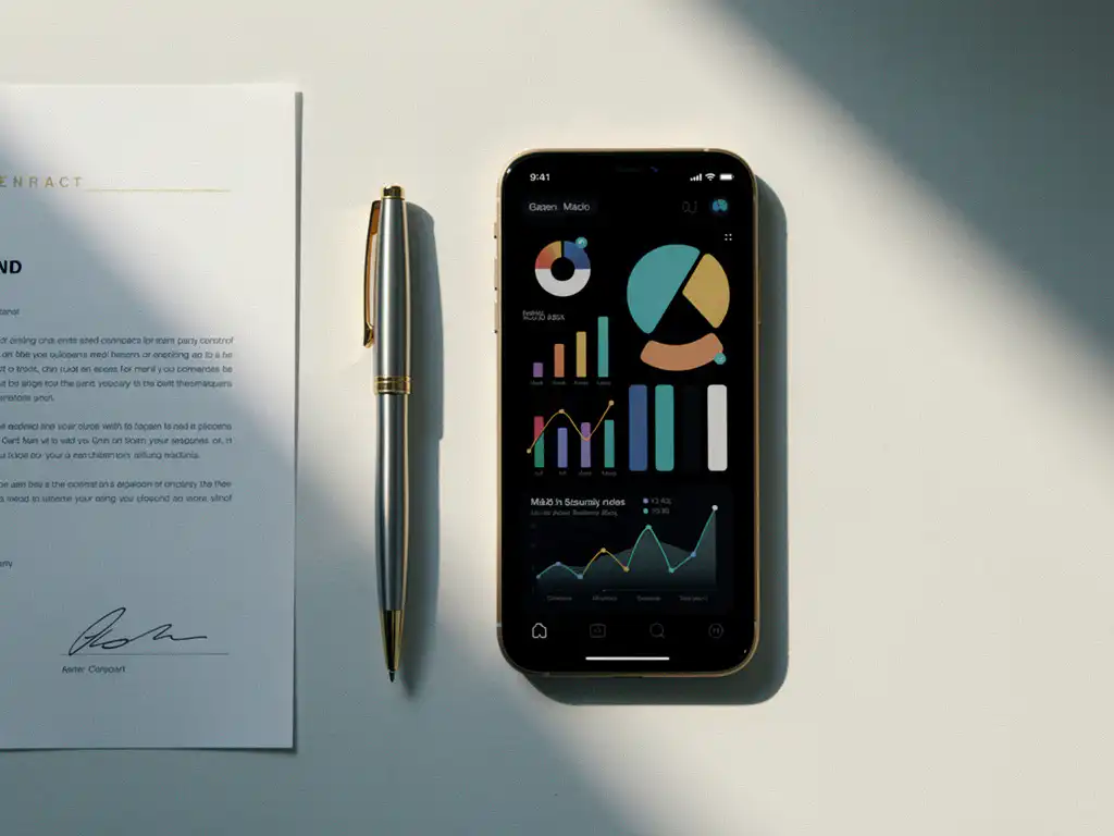 Smartphone showing mobile analytics dashboard on white desk beside a pen and partially signed contract document.