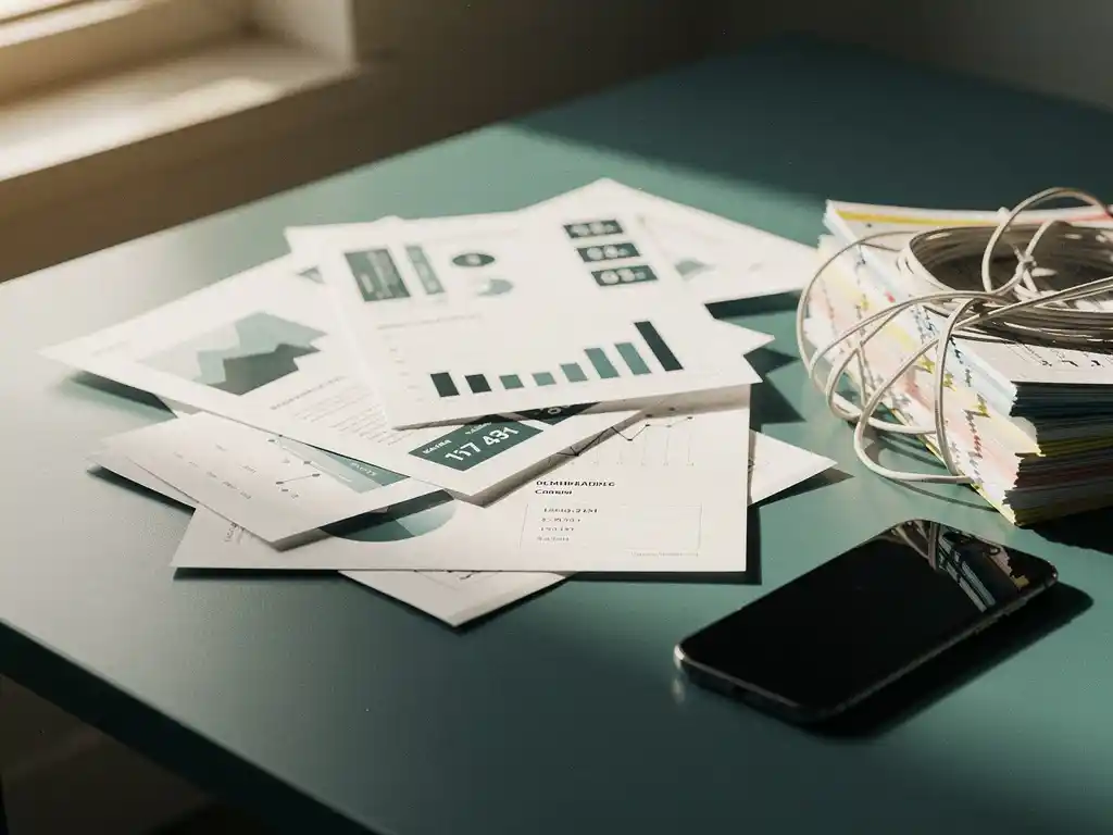 Verspreide mobiele analyseverslagen met tegenstrijdige cijfers liggen over elkaar heen op een minimalistisch bureau naast een smartphone die met het scherm naar beneden ligt, in het zachte daglicht dat subtiele schaduwen werpt.