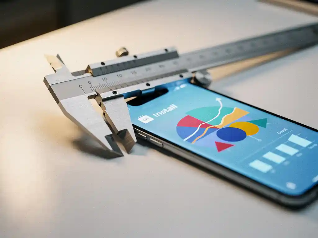 Een metalen schuifmaat meet de afmetingen van een smartphone waarop een kleurrijke grafiek met app-installatiegegevens wordt weergegeven op een wit bureau.