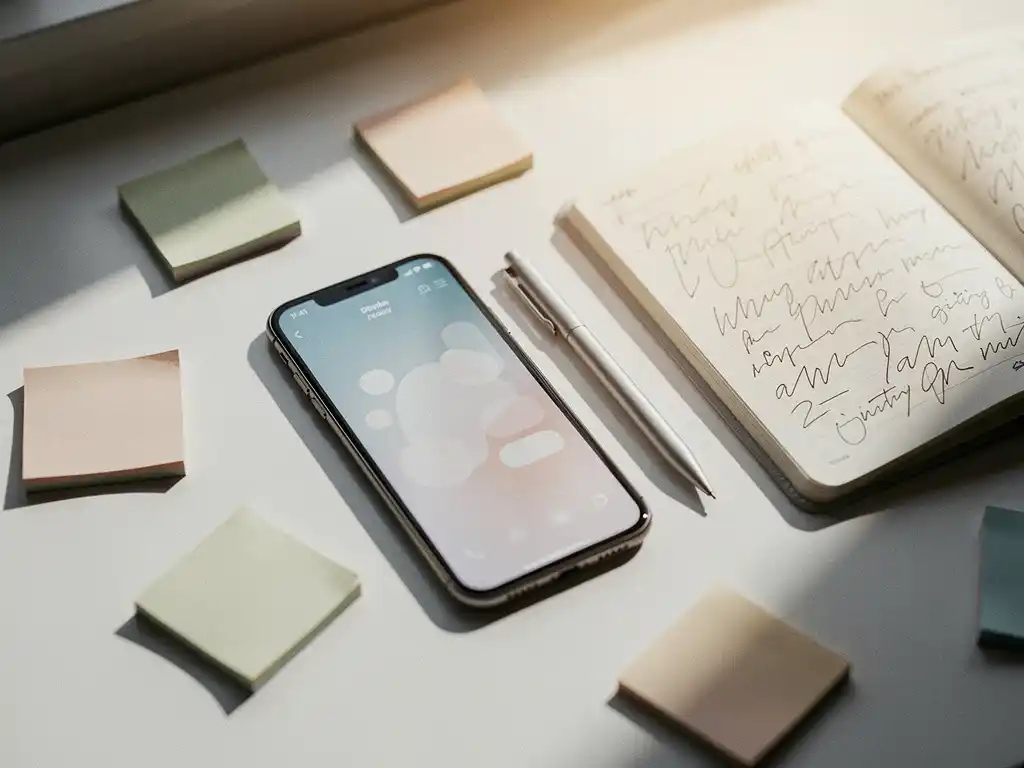 Mobile phone face-up on a white desk surrounded by sticky notes and a notebook with handwritten event tracking names, stylus nearby.
