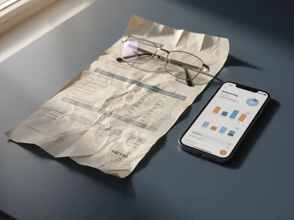 Crumpled monthly invoice on a modern desk beside a smartphone showing an analytics dashboard, reading glasses resting on top, soft window light.