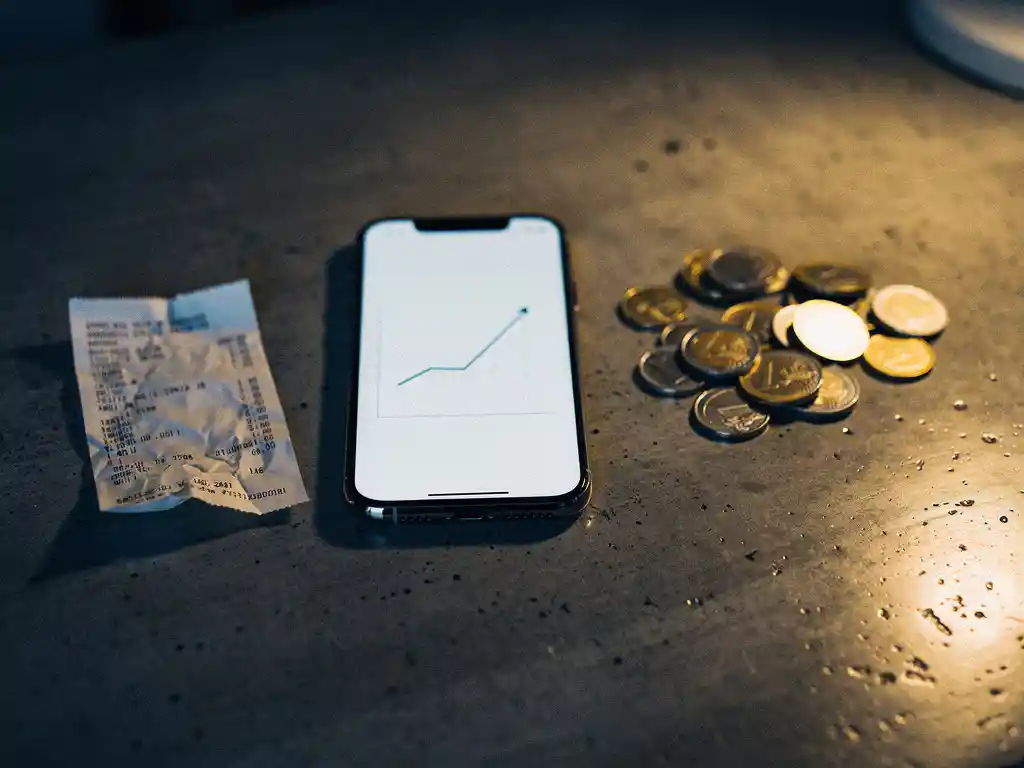Crumpled receipt beside a smartphone showing a rising graph, with euro coins scattered on a concrete desk in warm amber light.