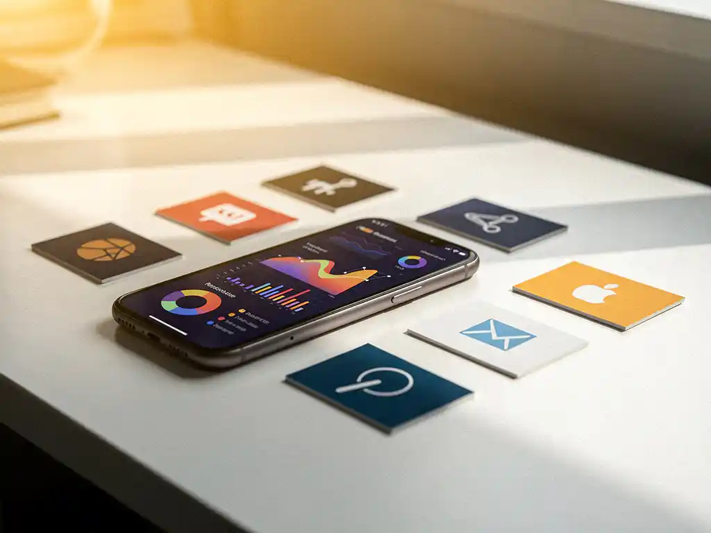 Smartphone showing colorful performance analytics graphs on a white desk, surrounded by ad platform cards in warm golden light.
