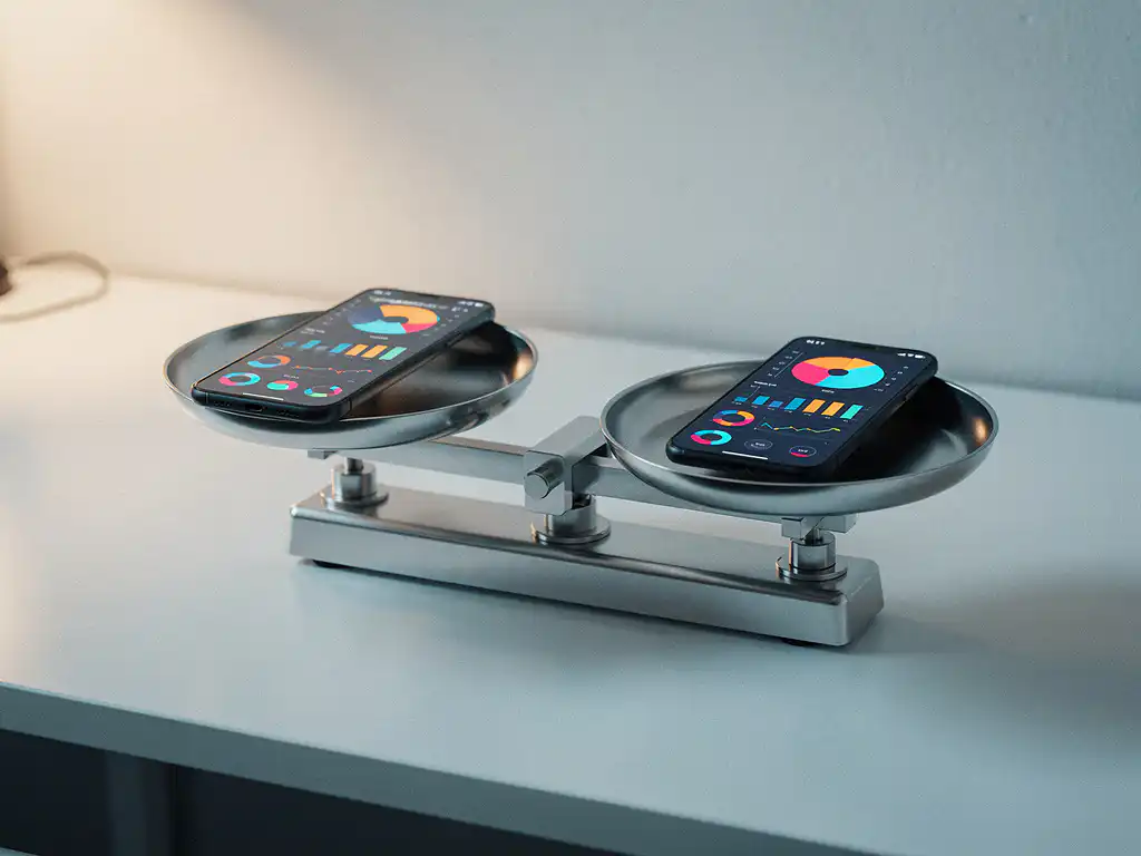 Analytical balance scale with two smartphones on each side, one displaying app analytics graphs, perfectly level on a modern desk.