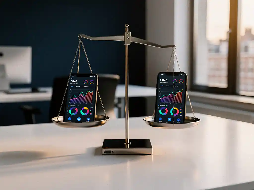 Een nauwkeurige balansweegschaal met twee smartphones waarop dashboards met analyses worden weergegeven, waarbij de ene kant iets zwaarder is dan de andere, in een modern studiokantoor in Amsterdam.