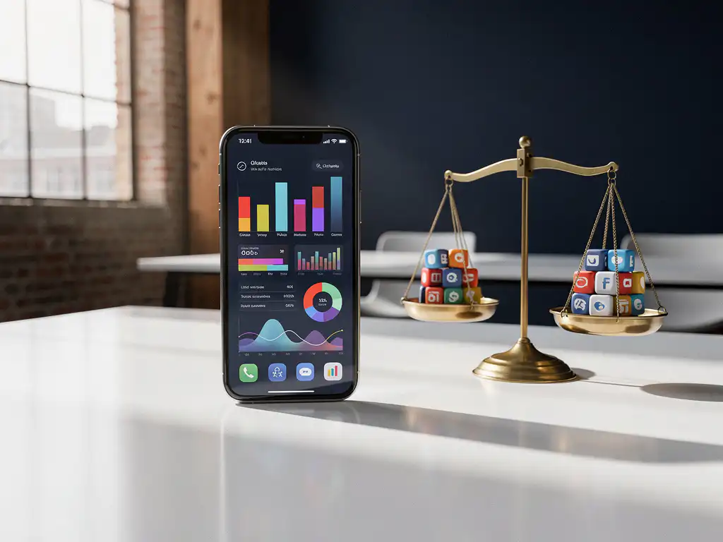 Smartphone with colorful analytics dashboard beside a brass balance scale holding miniature app icons on a white desk in a modern Amsterdam studio.