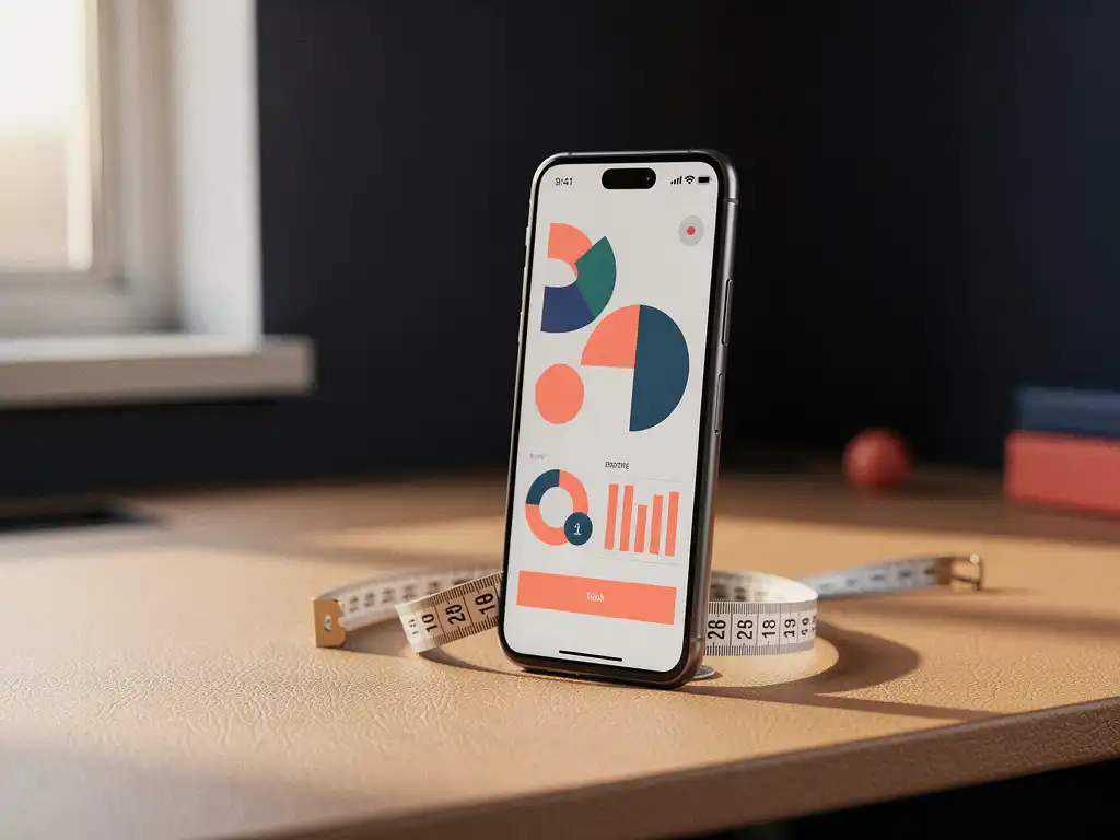 Smartphone met analysedashboard op een modern bureau met een opgerolde meetband, badend in het zachte ochtendlicht.