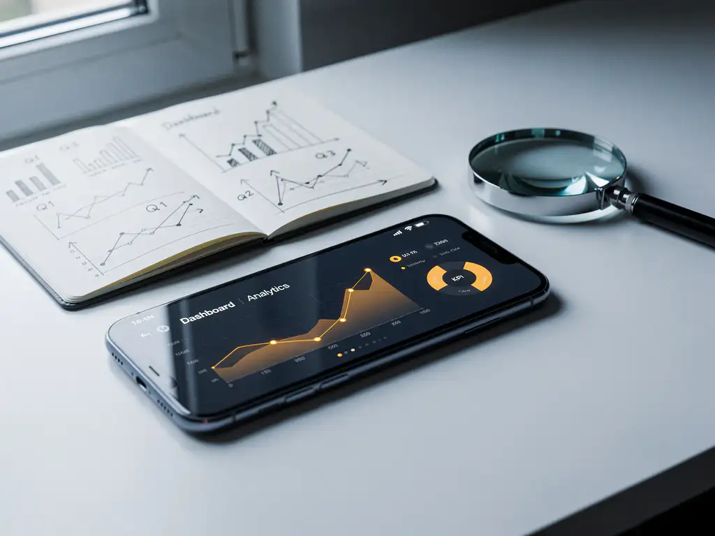 Smartphone displaying an analytics dashboard on a white desk beside a magnifying glass and notebook with performance charts.