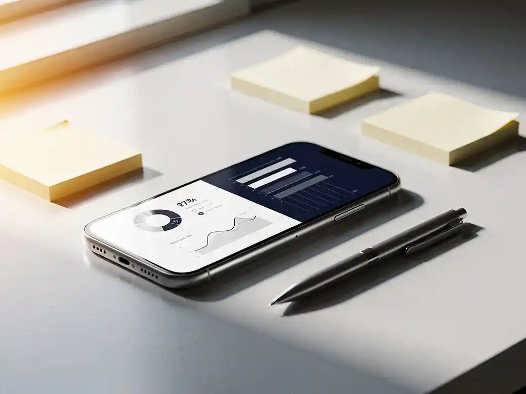 Smartphone on a modern desk displaying analytics dashboards, surrounded by sticky notes and a stylus, suggesting an app platform migration in progress.