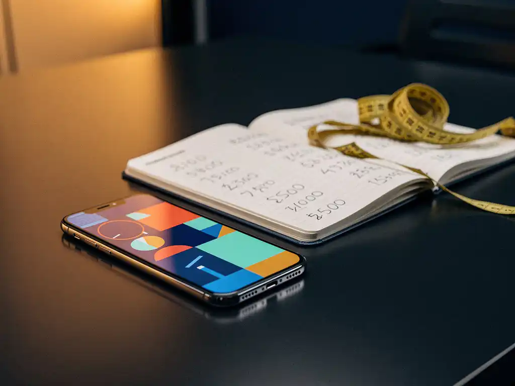 Smartphone showing colorful analytics dashboard on dark desk beside open notebooks with handwritten pricing figures and a coiled measuring tape.