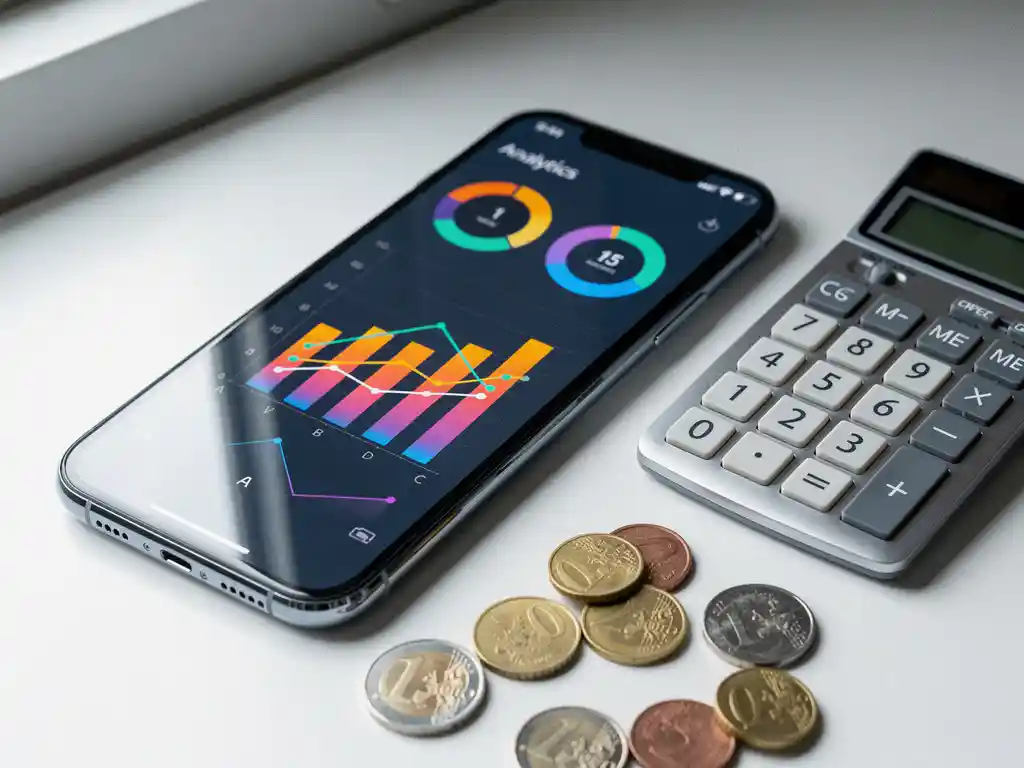 Smartphone showing colorful app analytics dashboard on white desk with calculator and scattered euro coins in soft natural light.