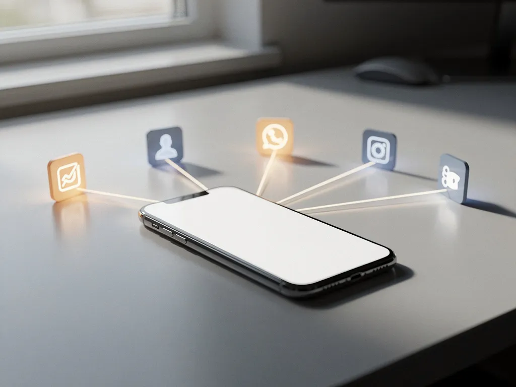 Smartphone on a modern desk with glowing light threads connecting to app icons in warm amber and cool blue tones.