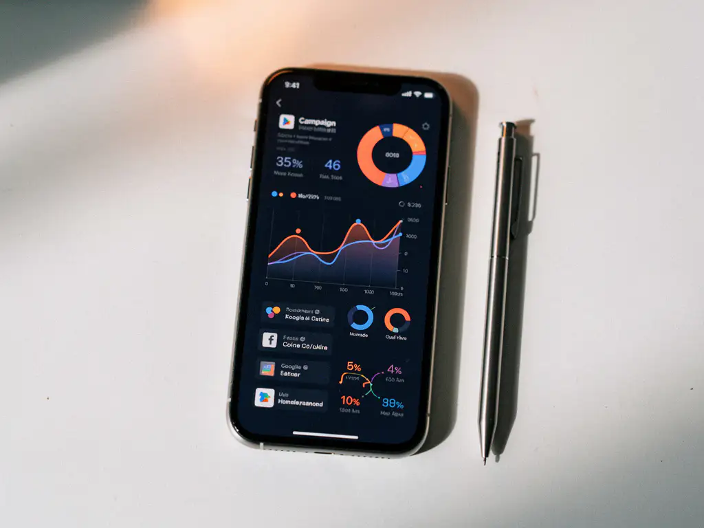 Smartphone flat lay displaying colorful campaign metrics and graphs on screen, with a stylus beside it on a white desk in soft morning light.