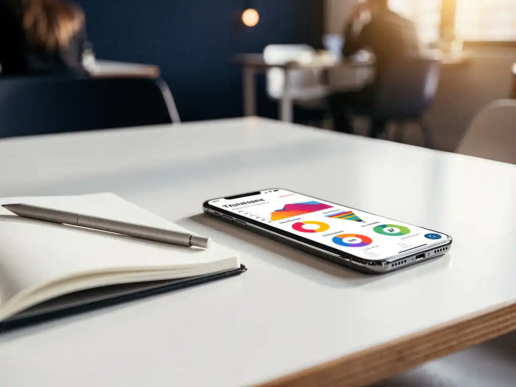 Smartphone showing colorful campaign performance graphs and funnel metrics on a white desk beside an open notebook with a stylus.
