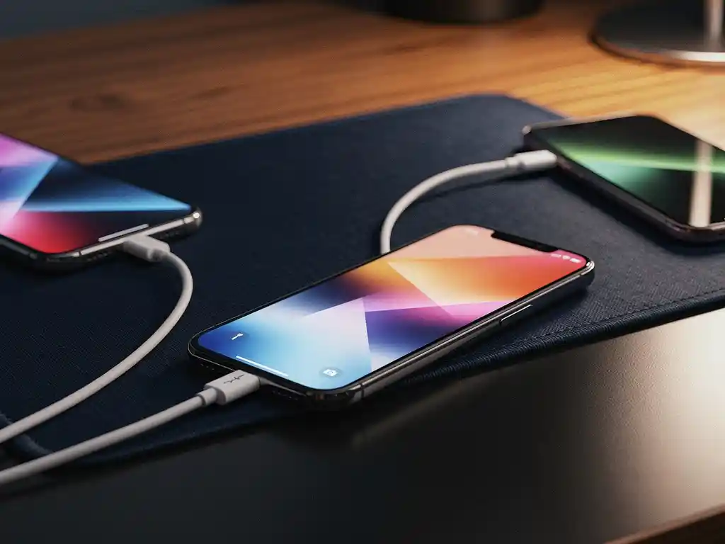 Smartphone with glowing app interface on dark desk, two charging cables diverging to separate mobile devices in navy and amber tones.