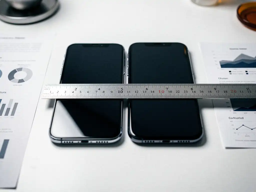 Twee smartphones naast elkaar op een wit bureau met een precisieliniaal over hun schermen, omringd door analyses in zilver-, marineblauw- en amberkleuren.