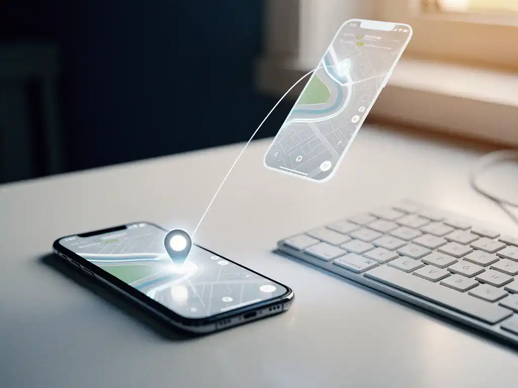 Smartphone displaying a glowing GPS location pin map connected to a floating app screen, on a white desk with wireless keyboard, navy and amber tones.
