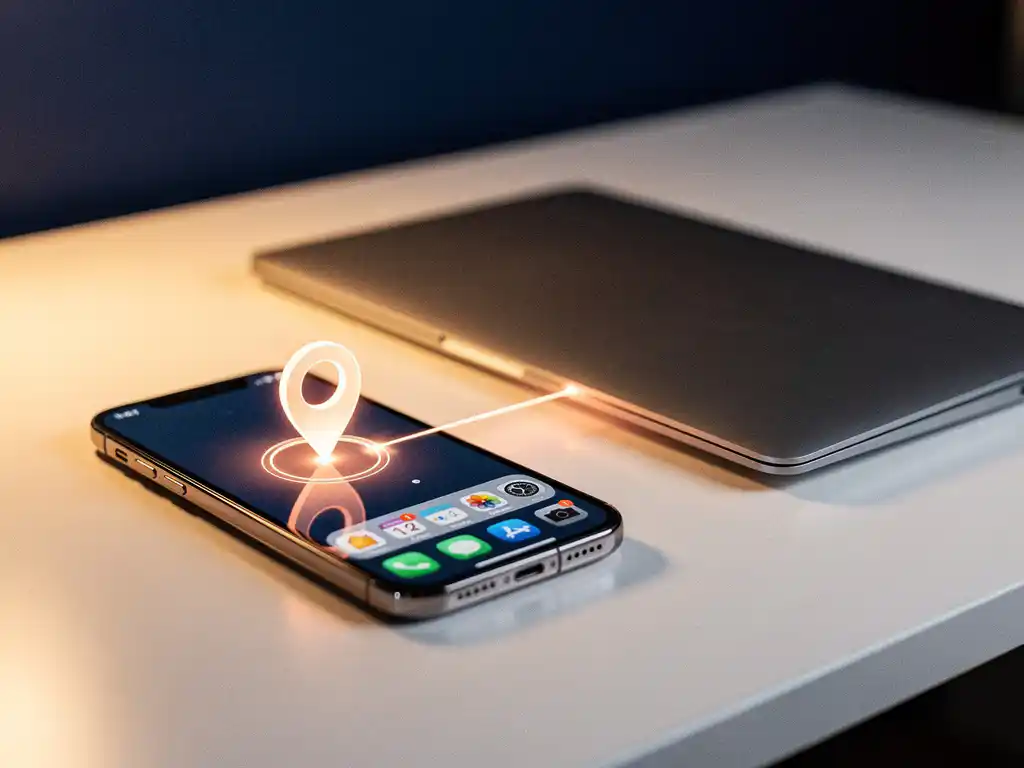 Smartphone displaying a glowing map pin icon connected by a luminous thread to an app screen on a white desk beside a laptop.