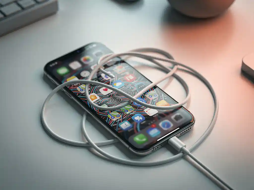 Smartphone met het scherm naar boven op een wit bureau, met een in de knoop geraakte oplaadkabel. Het scherm toont overlappende app-pictogrammen, zachte koraal- en zilvertinten in een platte compositie.