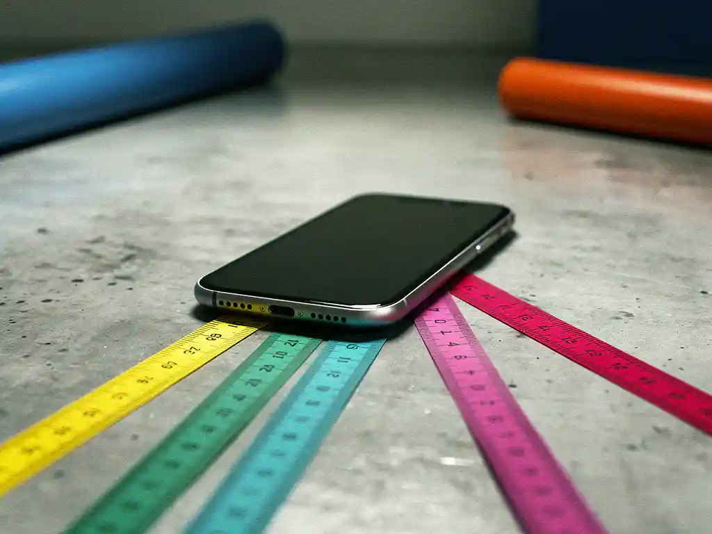 Smartphone on concrete desk with three colored measuring tape strips fanning outward in blue, orange, and grey.
