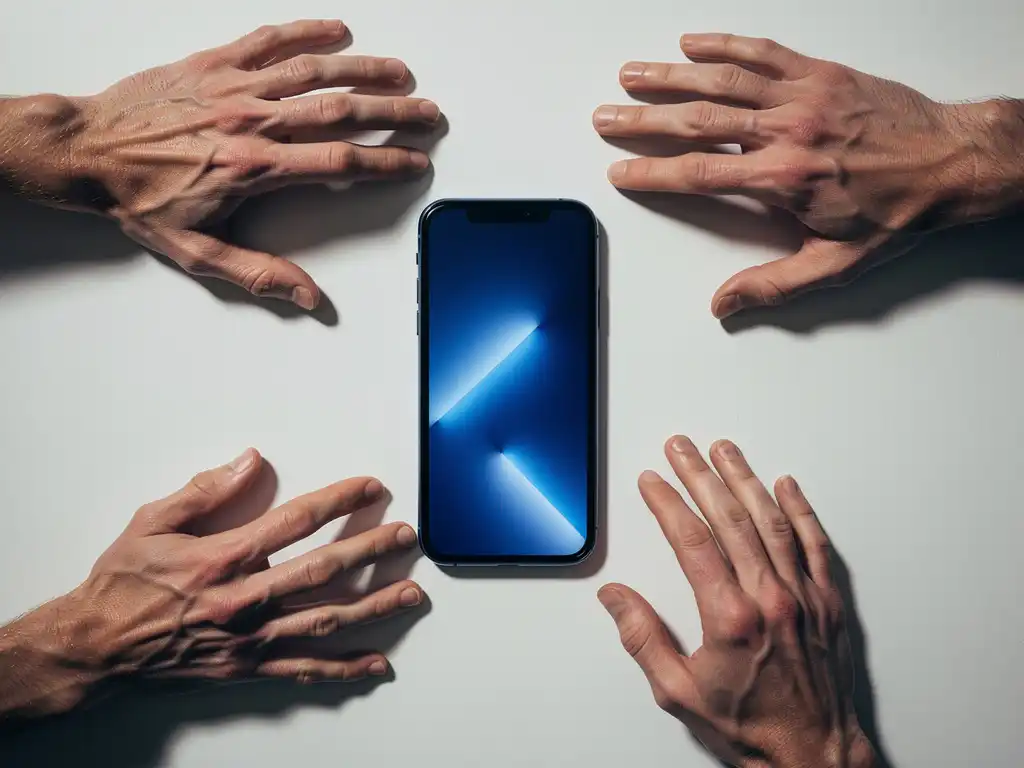 Five hands reaching from different angles toward a single smartphone on a white desk, lit by warm studio light.