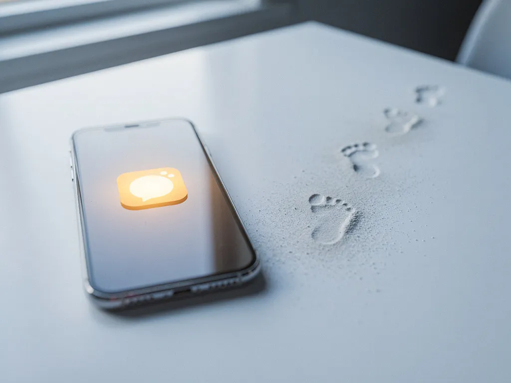 Smartphone on white desk with glowing app screen, tiny dust footprints trailing off the edge, lit by soft natural side light.