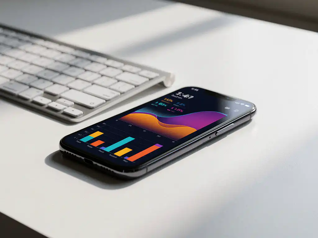 Smartphone displaying colorful revenue and ad spend graphs on a minimalist white desk beside a wireless keyboard in soft morning light.