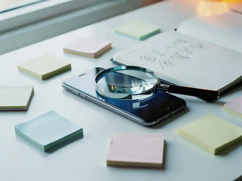 Smartphone on white desk with sticky notes, open notebook of handwritten checklists, and magnifying glass resting on screen during a mobile audit.