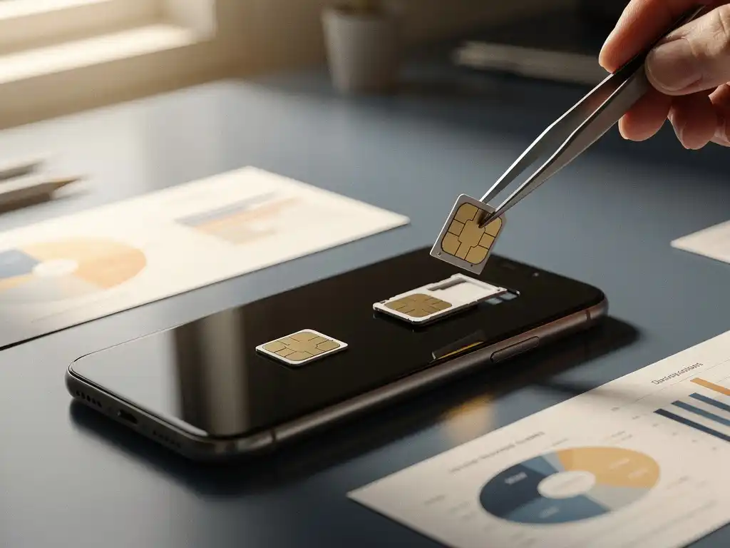 Smartphone on modern desk with data chips being swapped using precision tweezers, mobile analytics printouts nearby in warm amber and slate blue light.