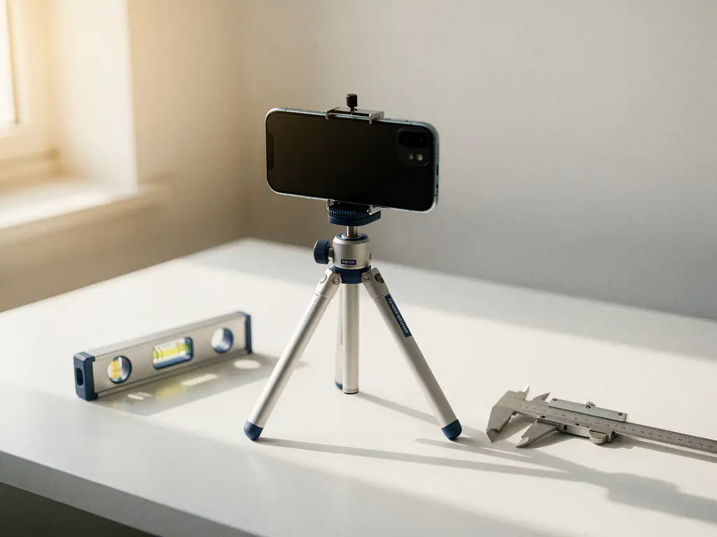 Smartphone on architect's tripod atop a white desk beside a caliper and level, lit by soft morning light in warm ivory and slate blue tones.