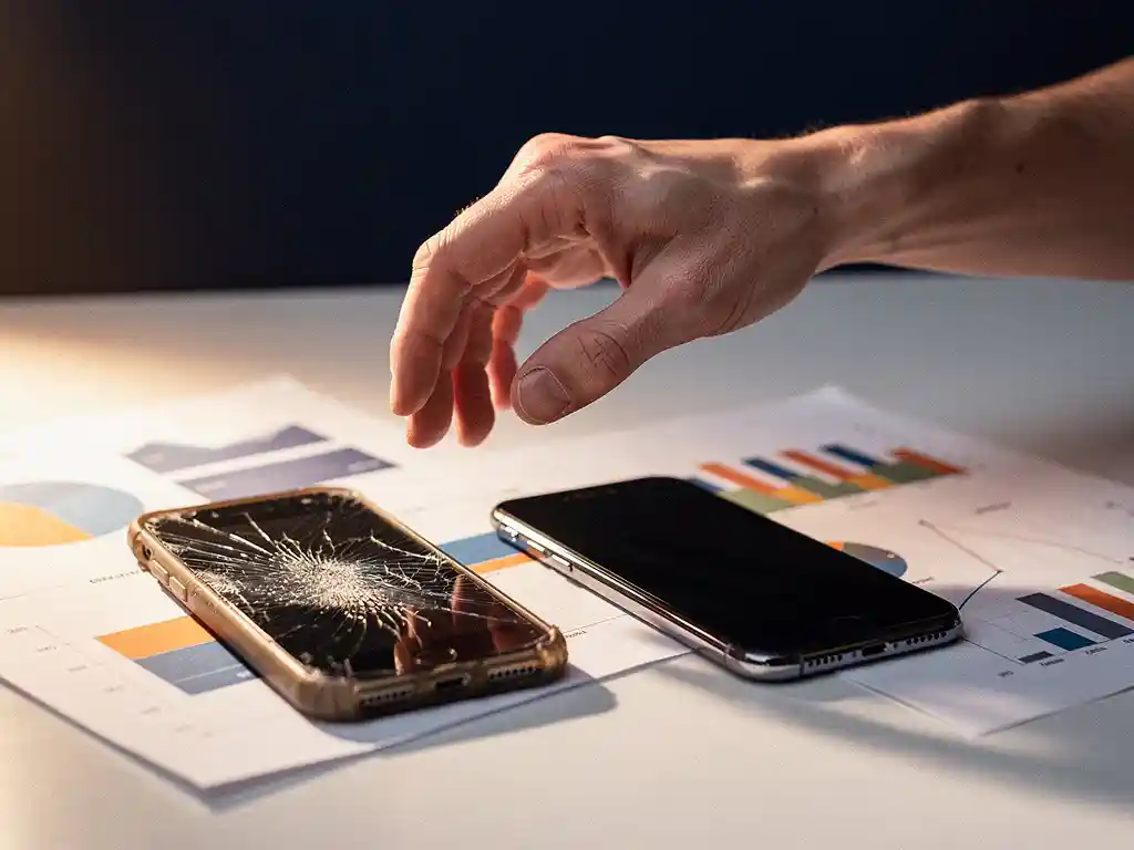 Hand hesitating between a cracked old smartphone and a new device on a desk scattered with performance analytics printouts.