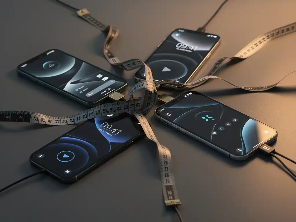 Five smartphones displaying different app screens connected by tangled measuring tapes on a slate-grey desk, lit with warm amber light.