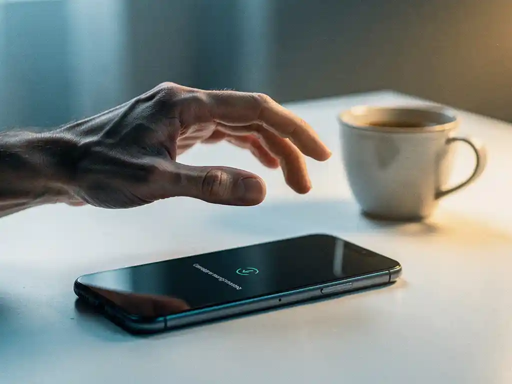 Hand hovering over a smartphone displaying an onboarding screen on a white desk, with a half-filled coffee cup suggesting user frustration and app abandonment.