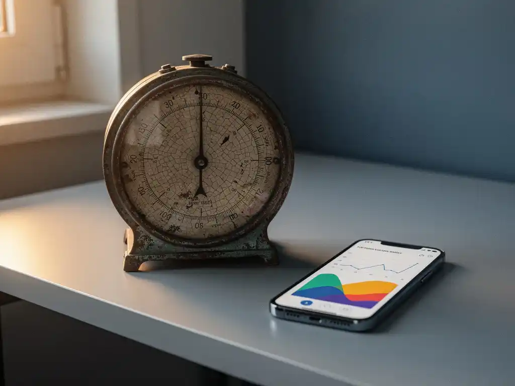 Cracked vintage measuring instrument beside a smartphone showing an analytics dashboard, contrasting old and new technology on a modern desk.